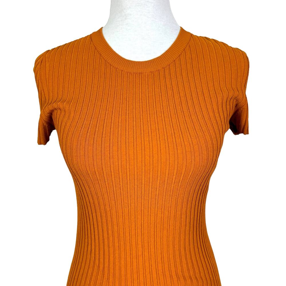 A.L.C. Minetta Orange Ribbed Fitted Bodycon Asymmetrical Slit Dress - Picture 5 of 10